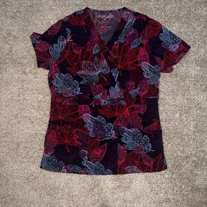 Uniform Advantage Flex Burgundy Red Purple Fall Leafs Women’s Scrub Top